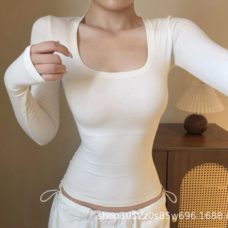 Футболка SKIMS cotton, длинный рукав, квадратный/U-образный вырез, приталенный крой, S–XL