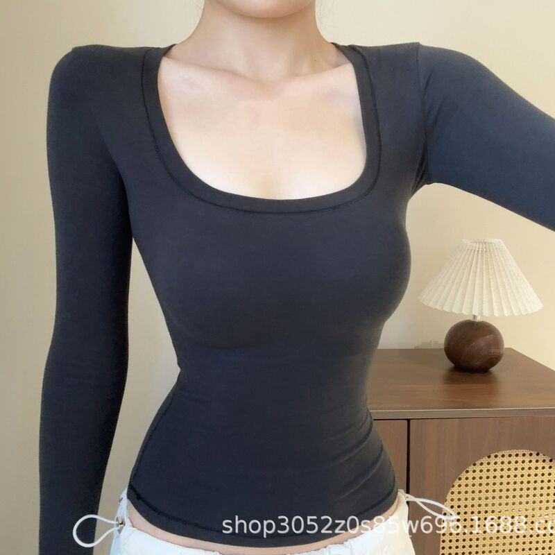 Футболка SKIMS cotton, длинный рукав, квадратный/U-образный вырез, приталенный крой, S–XL
