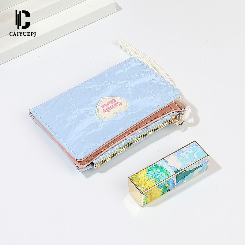 Женский кошелёк CAIYUE CY1180, короткий, 2 сложения, с сердечками, макаронс-цвета, 12×9×2 см