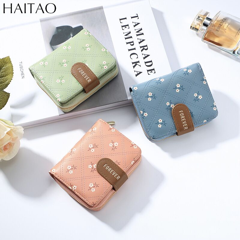 Женский кошелёк HAITAO HT6911, короткий, 2 сложения, кнопка и отделение для монет на молнии, PU-кожа