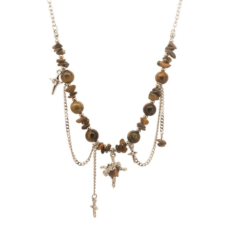 Колье-чокер Kaitin Jewelry с камнями тигровый и кошачий глаз неправильной формы, титановая сталь