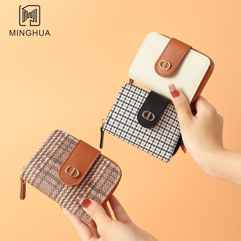 Женский кошелёк MINGHUA короткий, в клетку, картхолдер и монетница, ПВХ