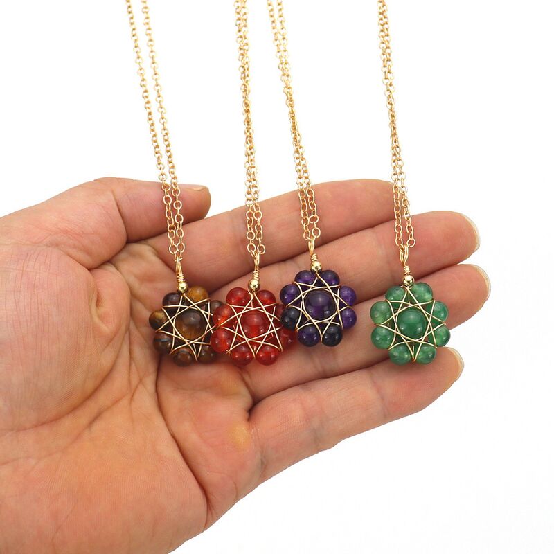 Ожерелье с подвеской-цветком Xuying Jewelry, натуральные камни, обмотка золотистой проволокой, 53 см