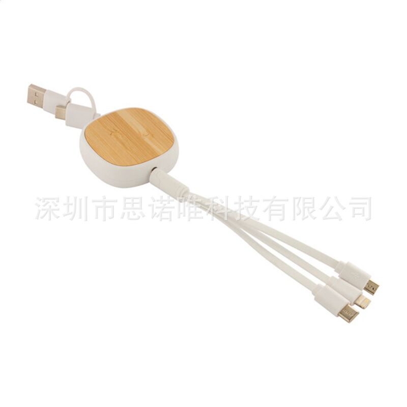 Выдвижной кабель для зарядки 3 в 1 в корпусе из бамбука, USB – Lightning / Micro USB / Type-C, PD до 30 Вт