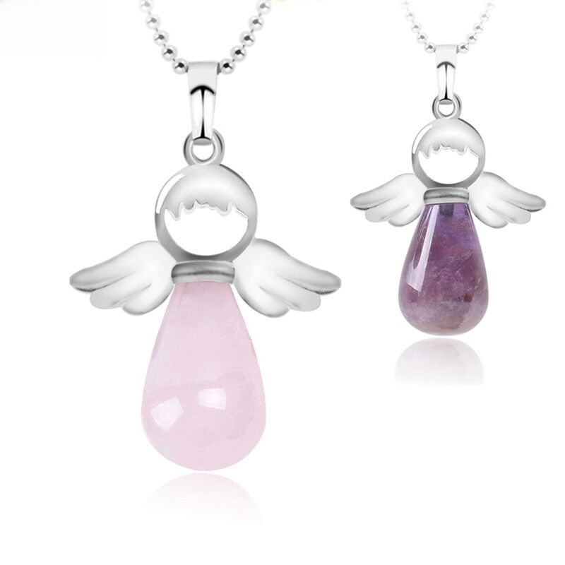 Кулон на цепочке CSJA Jewelry из натурального камня с крылом ангела, форма капли, цепочка 45 см