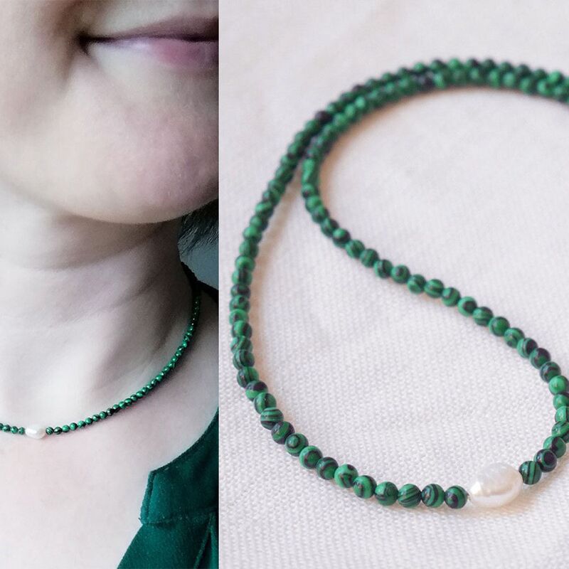 Украшения YK Jewelry из малахита и пресноводного жемчуга: колье, браслеты, серьги и кольцо