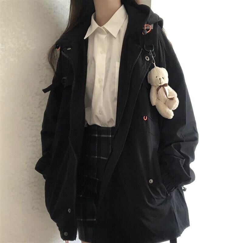 Куртка женская в стиле workwear с капюшоном, на молнии, свободная, однотонная, полиэстер