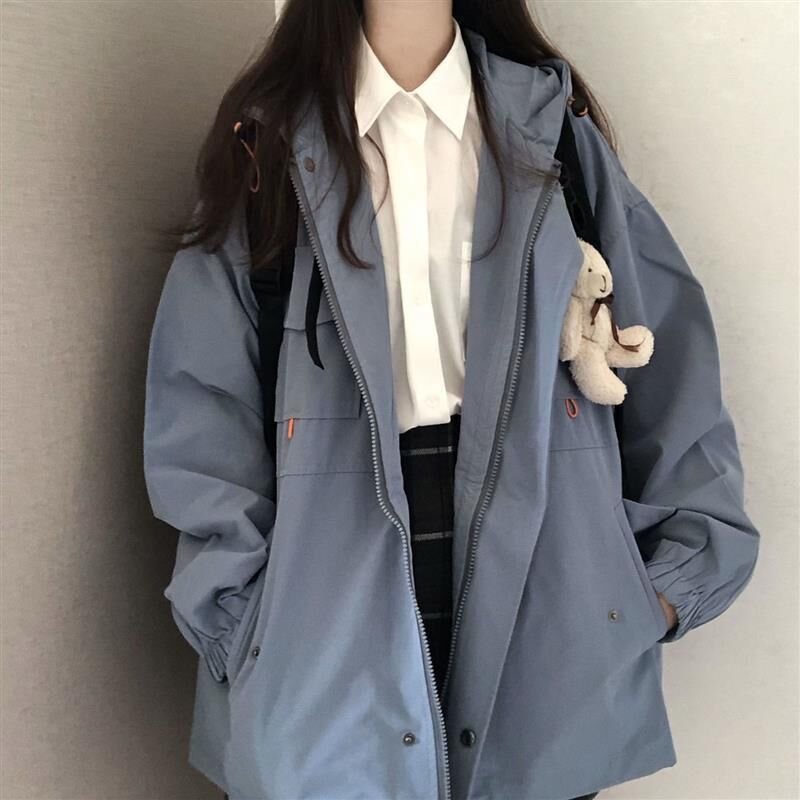 Куртка женская в стиле workwear с капюшоном, на молнии, свободная, однотонная, полиэстер