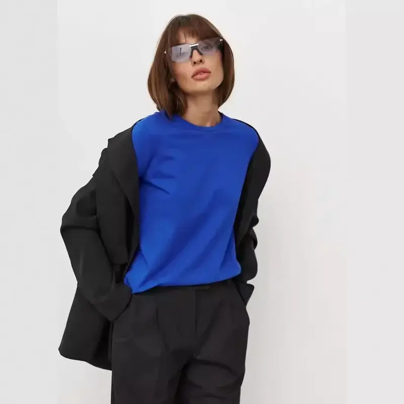 Женская футболка с длинным рукавом из 100% хлопка, круглый вырез, однотонная, удлинённая, S–4XL