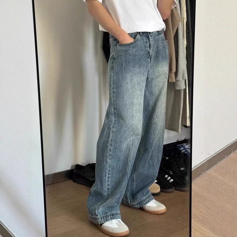 Джинсы прямые свободные clean fit, винтажная стирка, унисекс, винтажный синий