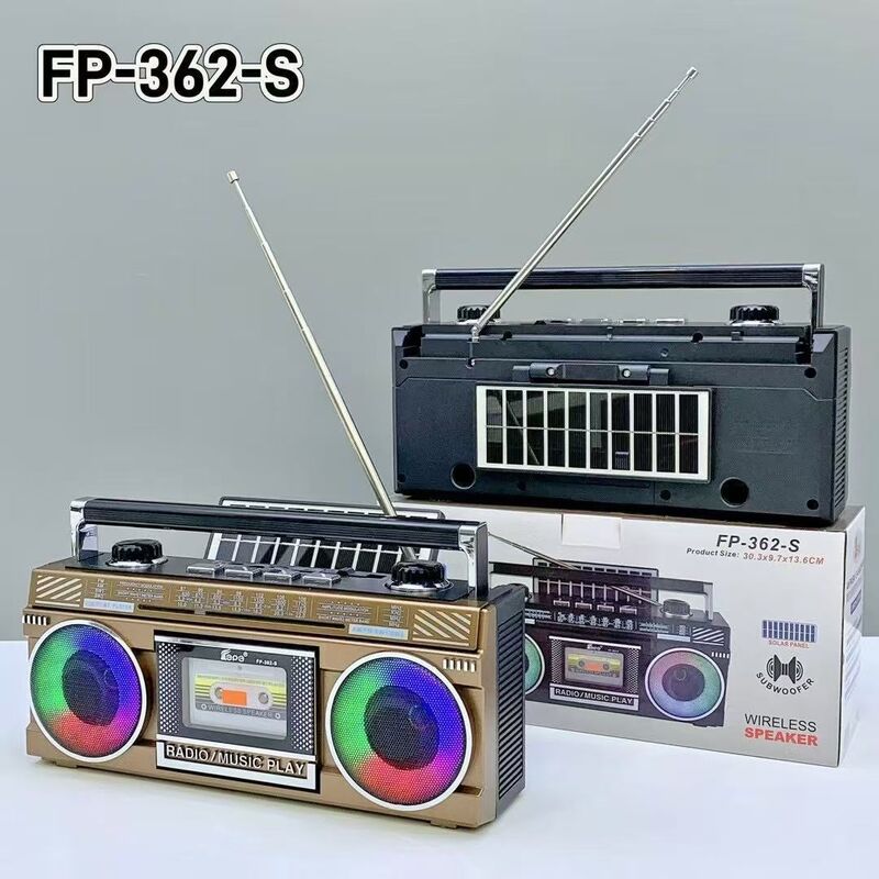 Ретро-радиоприёмник FP-362-S с Bluetooth-колонкой, солнечной панелью, 4 диапазона, 2 динамика, подсветка