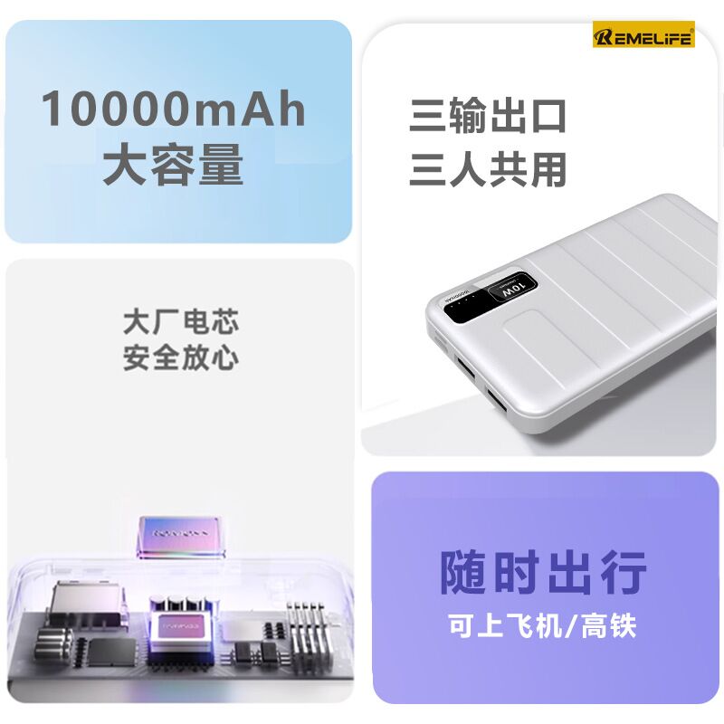 Внешний аккумулятор REMELIFE 10000 мА·ч, несколько USB-выходов, корпус из огнестойкого ABS-пластика