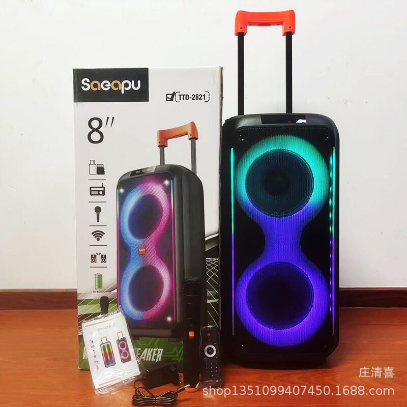 Напольная Bluetooth-колонка TTD-2821 с выдвижной ручкой, 2 динамика 8", 40 Вт, RGB-кольца, караоке