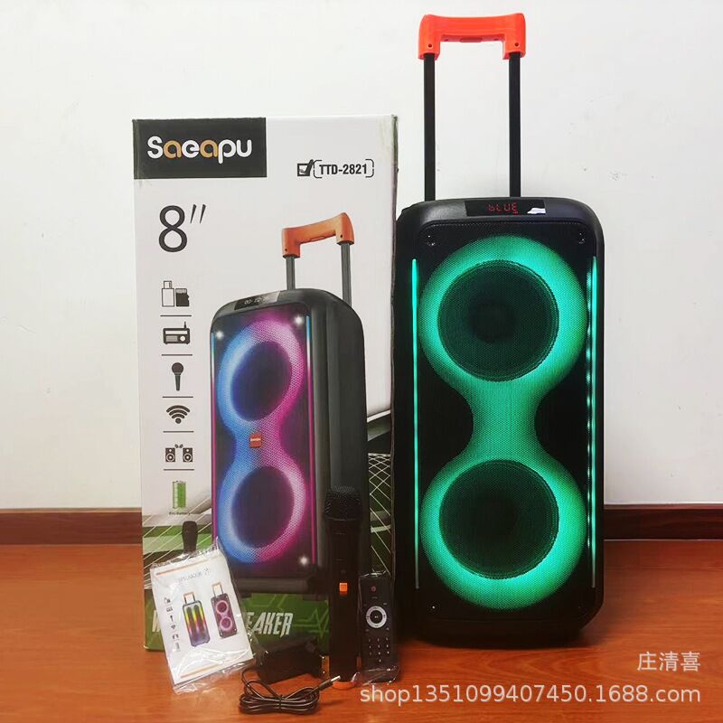 Напольная Bluetooth-колонка TTD-2821 с выдвижной ручкой, 2 динамика 8", 40 Вт, RGB-кольца, караоке