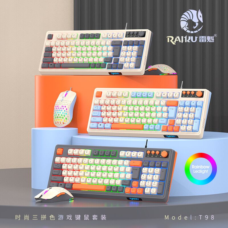 Проводной игровой комплект клавиатура и мышь RAIKU T98, 98 клавиш, трёхцветный дизайн, подсветка