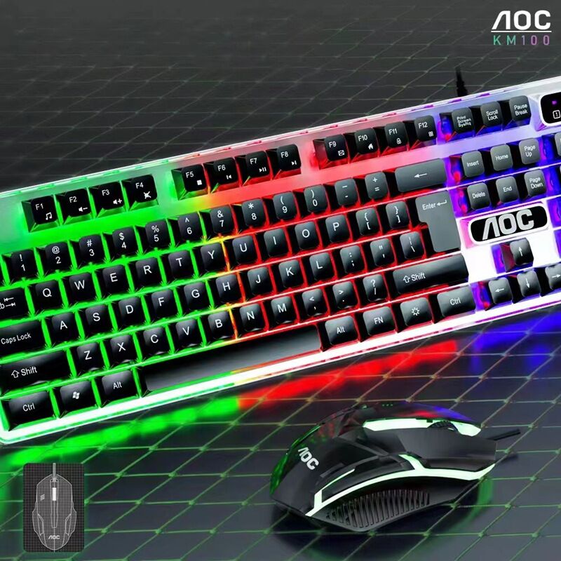 Проводной комплект клавиатура и мышь AOC KM100 с подсветкой, плавающие клавиши, USB, 1000 dpi