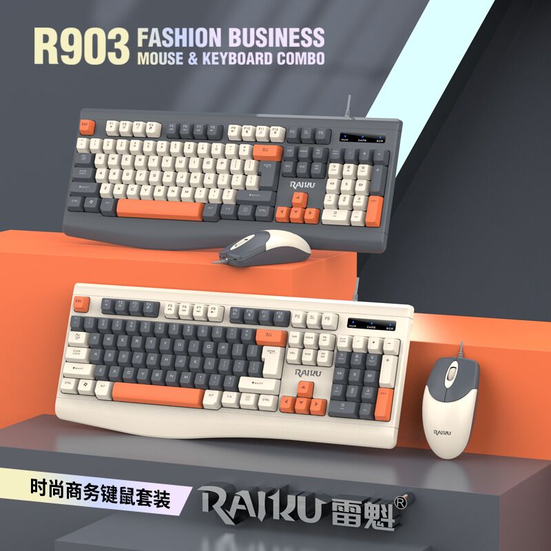 Проводной комплект клавиатура и мышь RAIKU R903 для офиса, двухцветный дизайн, USB, 1600 dpi