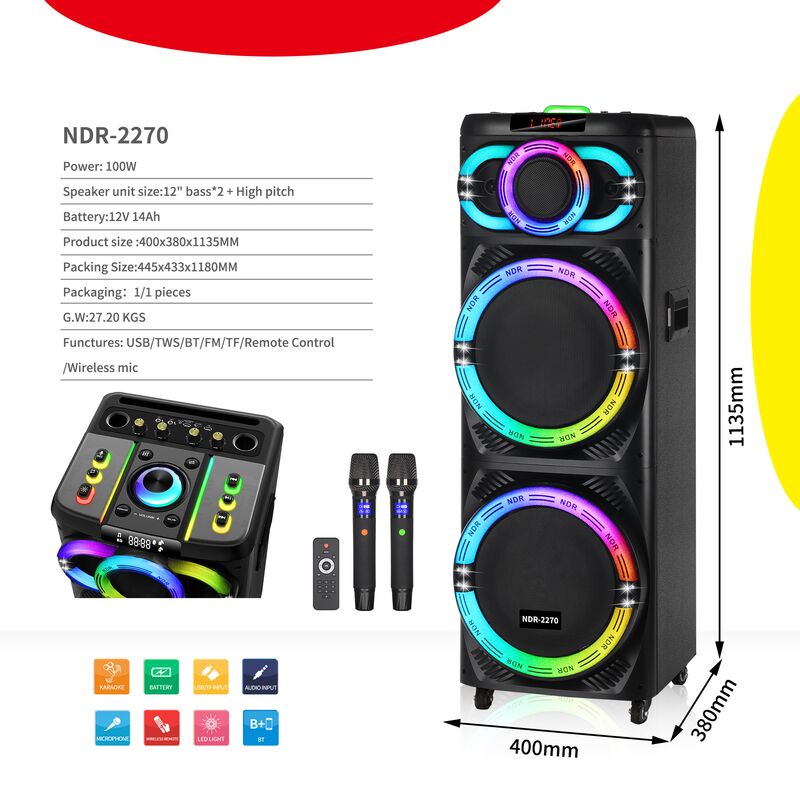 Акустическая система NDR-2270 на аккумуляторе, 2 × 12", 80 Вт, 2 радиомикрофона, RGB-подсветка, Bluetooth