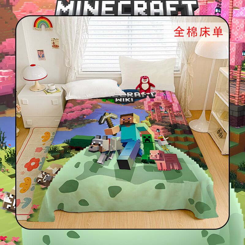 Простыня из 100 % хлопка с принтом по игре Minecraft, для детской и общежития, 120×220–240×260 см