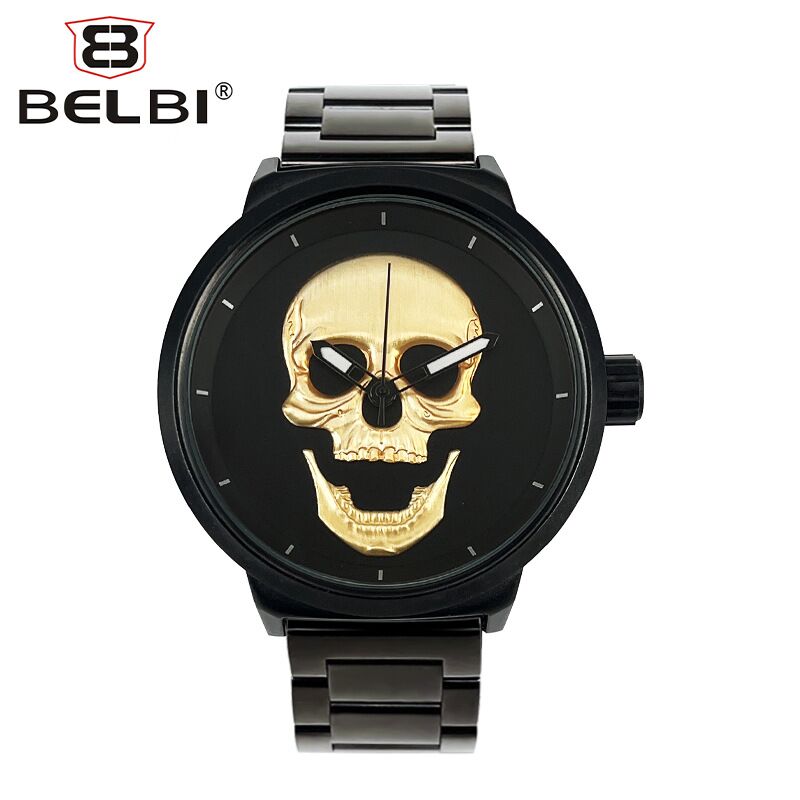 Мужские кварцевые часы Belbi T5829 с черепом, стальной браслет, водозащита 30 м, корпус 48 мм