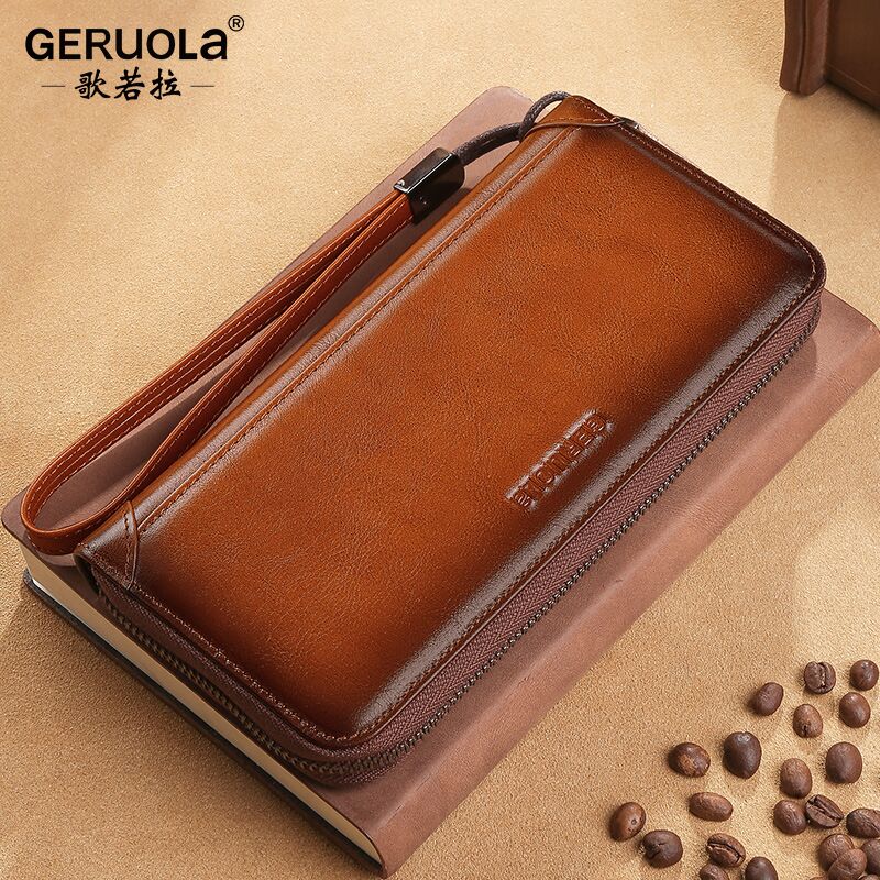 Кошелёк-клатч мужской длинный Geruola из натуральной воловьей кожи, для телефона, RFID, на молнии