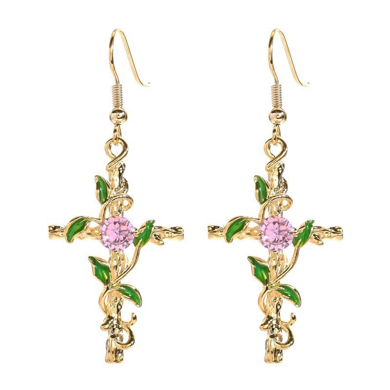 Серьги Tsunami Jewelry с крестом и цирконами, медь с позолотой, розовые, европейский стиль