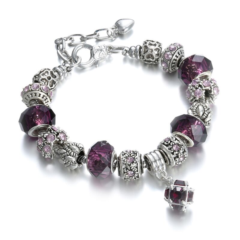 Браслет Qi Li Jewelry с бусинами с большим отверстием, сплав с серебрением, кожа, стеклянные бусины-цветы