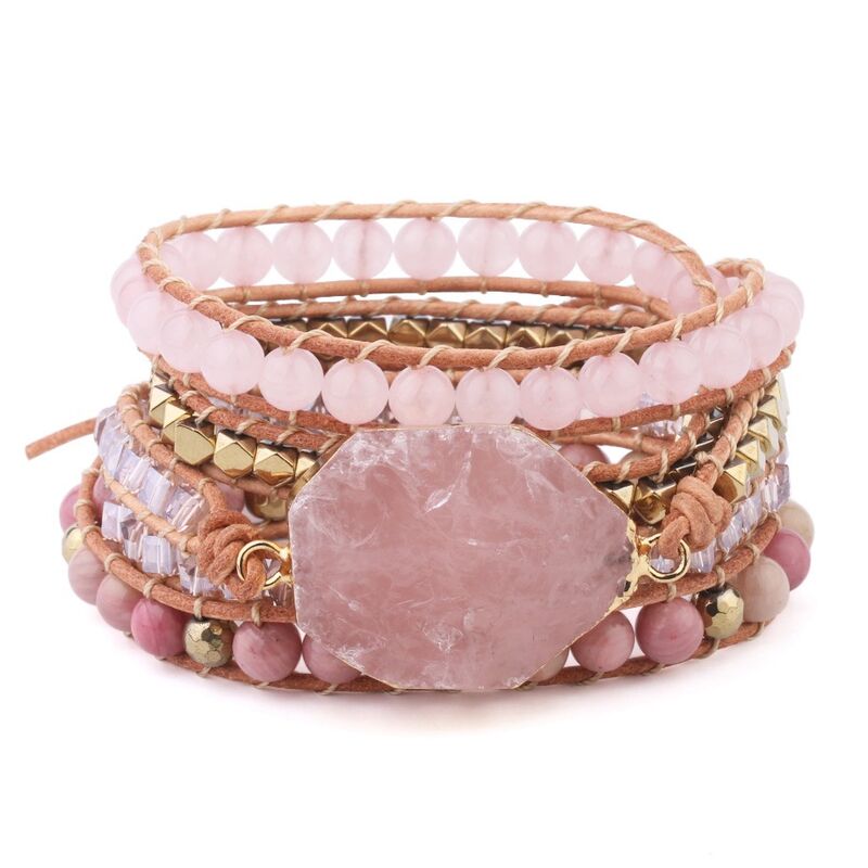 Браслет-обмотка CSJA Jewelry из розового кварца и красной яшмы, ручное плетение, бусины 6 мм, S308
