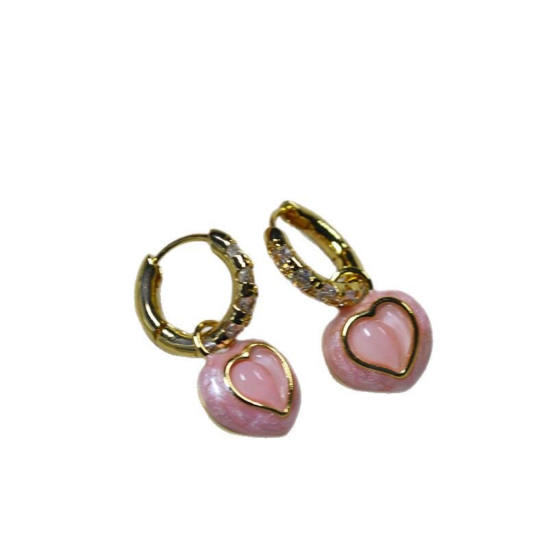 Серьги Miya Sophia Jewelry с подвеской-сердцем, розовая эмаль и цирконы, латунь с позолотой, 2 в 1