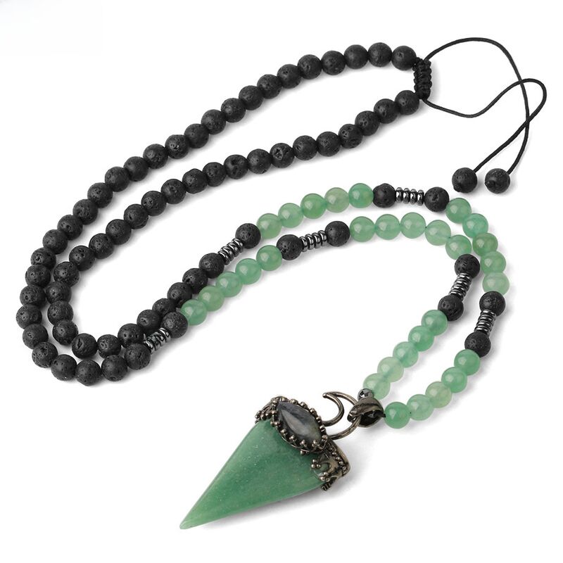 Колье CSJA Jewelry G427 с кулоном из натурального камня и бусинами из вулканической лавы, регулируемая длина