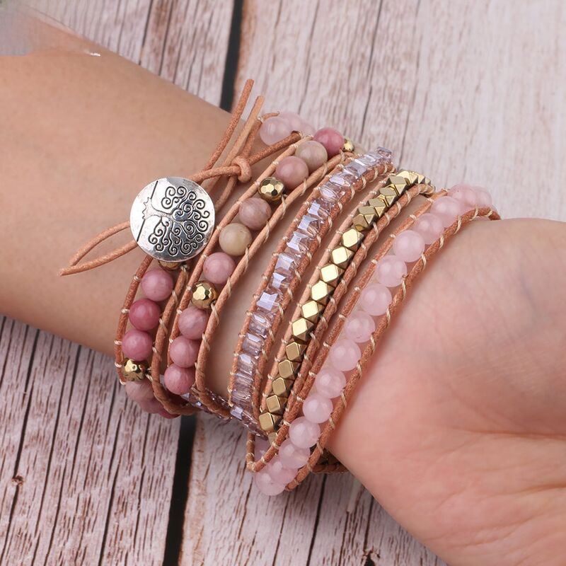 Браслет-обмотка CSJA Jewelry из розового кварца и красной яшмы, ручное плетение, бусины 6 мм, S308