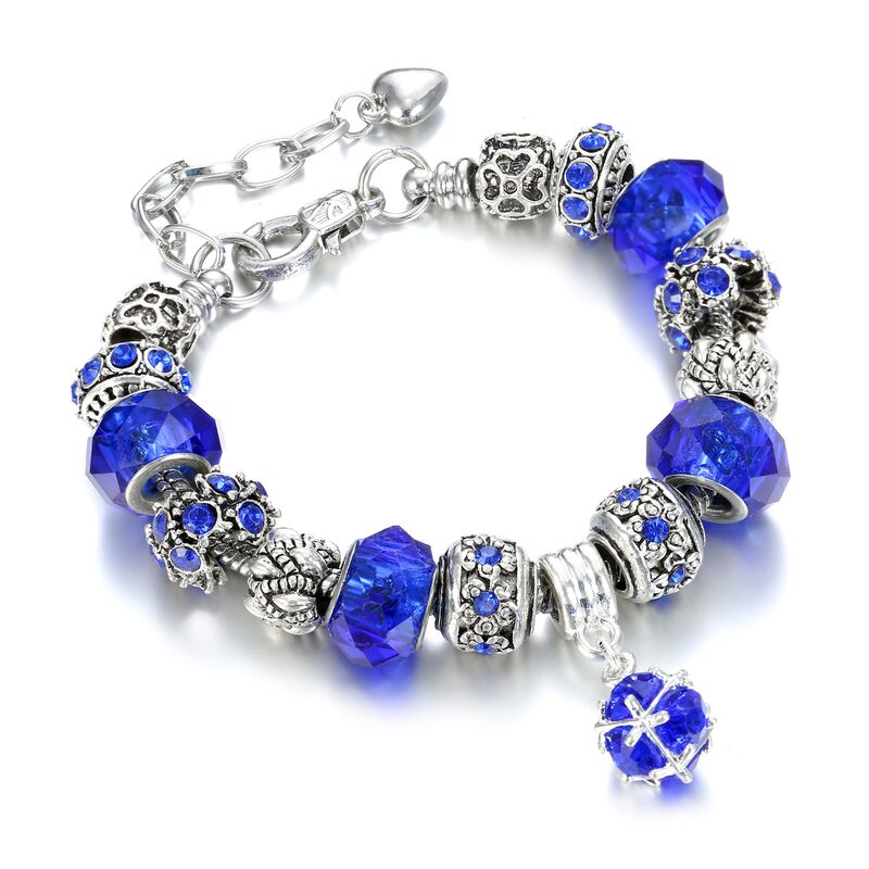 Браслет Qi Li Jewelry с бусинами с большим отверстием, сплав с серебрением, кожа, стеклянные бусины-цветы