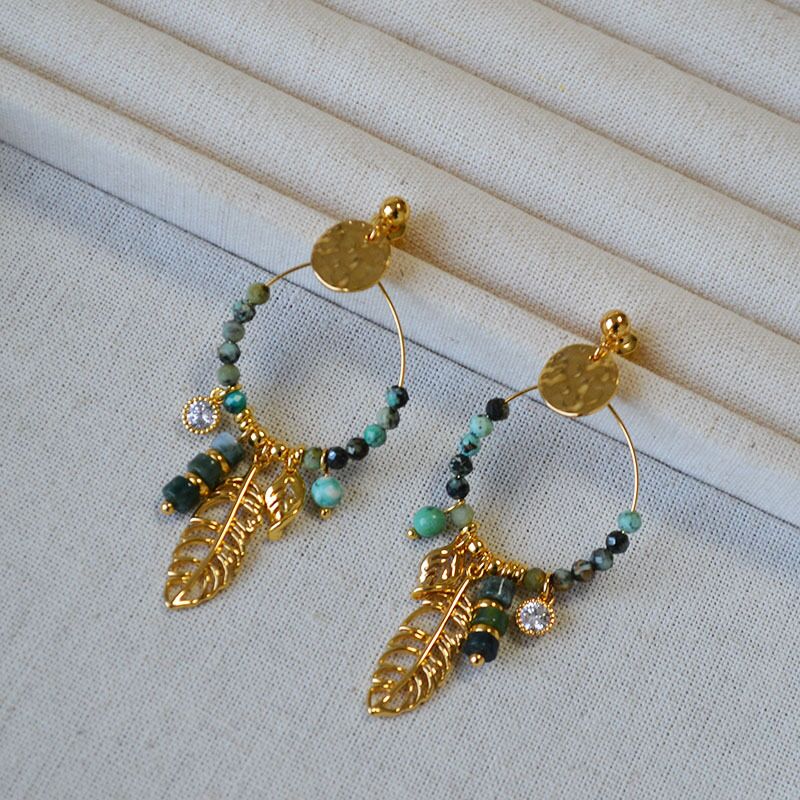 Серьги «Ловец снов» Miya Sophia Jewelry с бирюзой и листьями, длина 6 см, латунь с позолотой, серебро 925