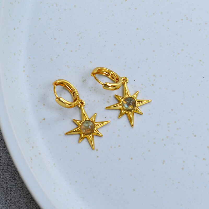 Серьги-кольца Miya Sophia Jewelry с восьмиконечной звездой и лабрадоритом, медь с позолотой, 3 размера звезды
