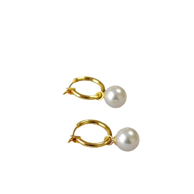 Серьги-кольца Miya Sophia Jewelry с искусственным жемчугом 10 или 12 мм, медь с позолотой, французский стиль