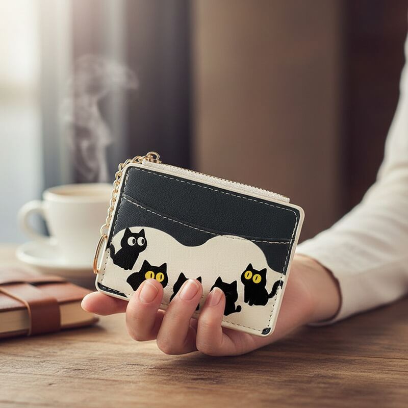 Кошелёк-монетница TIDALSTYLE с котиком, короткий на молнии, мини, экокожа PU