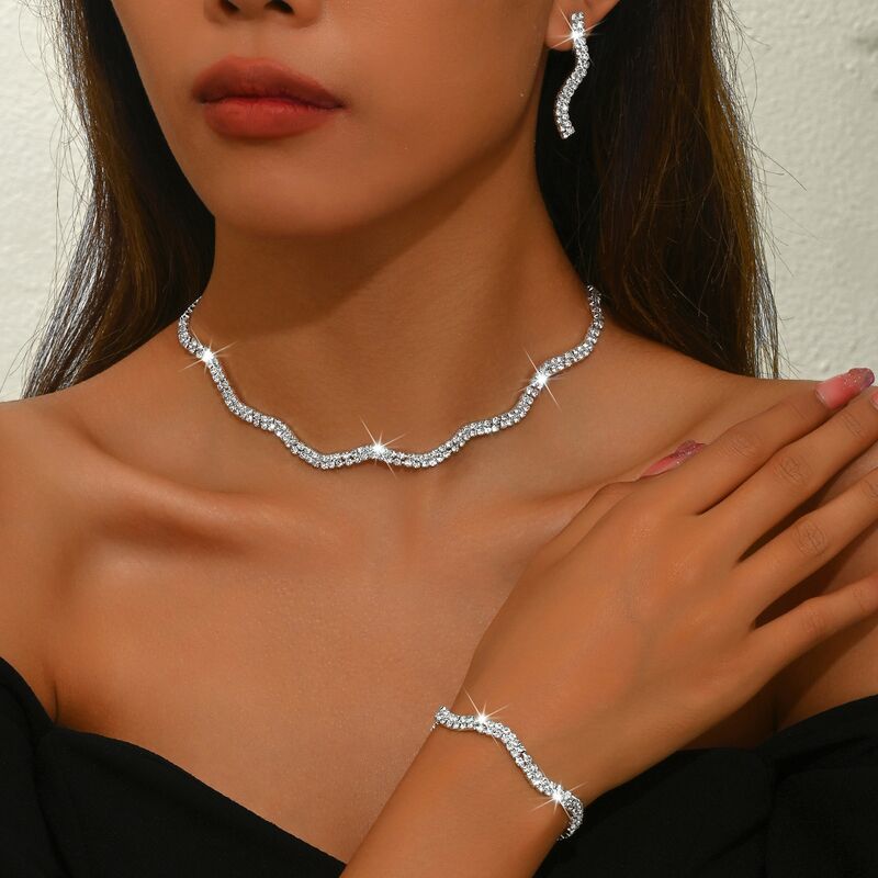 Комплект украшений RNAFASHION из трёх предметов: колье, браслет и серьги с чёрными стразами, для свадьбы