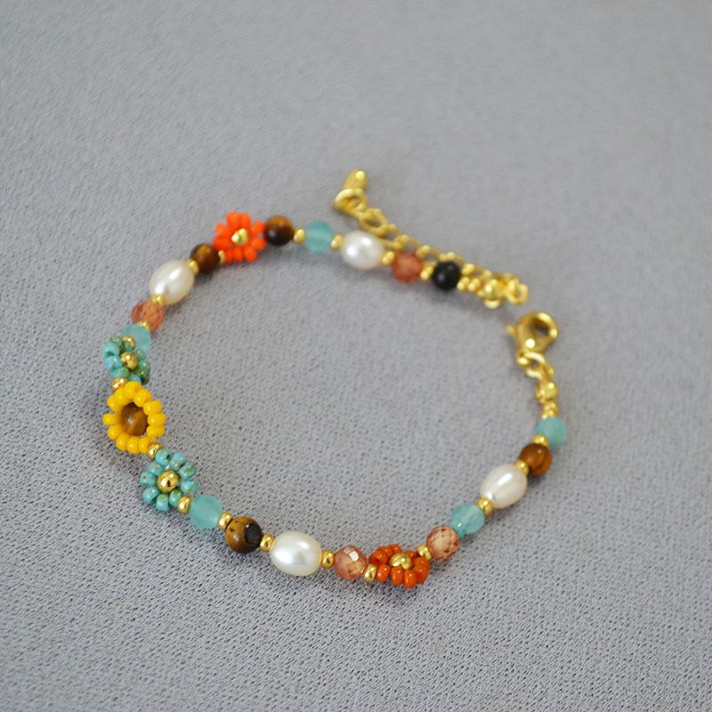 Браслет из бисера Miyuki Miya Sophia Jewelry с подсолнухами в стиле Ван Гога, пресноводный жемчуг, 16+3 см