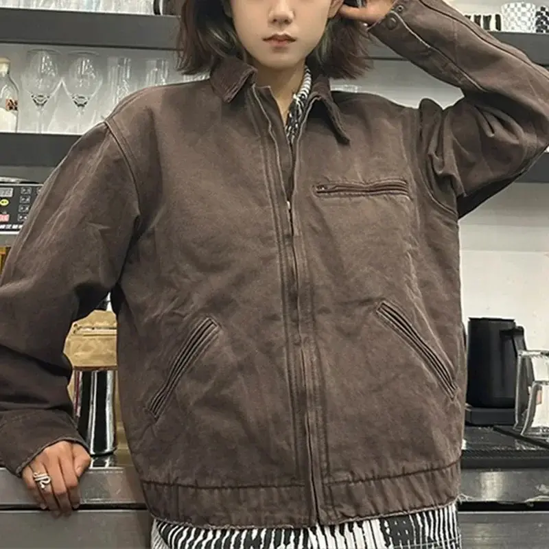Куртка-харрингтон унисекс в стиле Detroit workwear, винтаж, хлопок, отложной воротник, на молнии