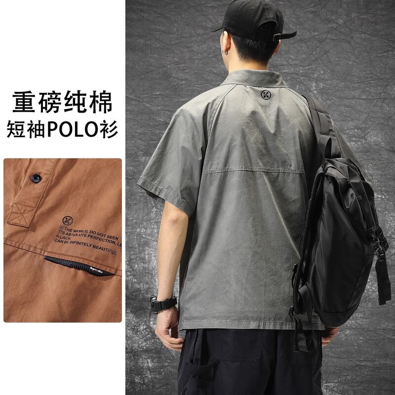 Мужская рубашка-поло в стиле workwear, короткий рукав, свободный крой, вышивка, до 5XL