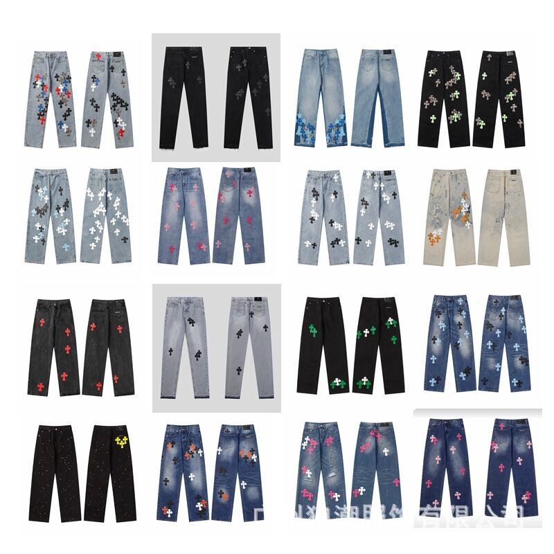 Джинсы унисекс с крестом, надписями на санскрите и кожаными нашивками, свободные прямые