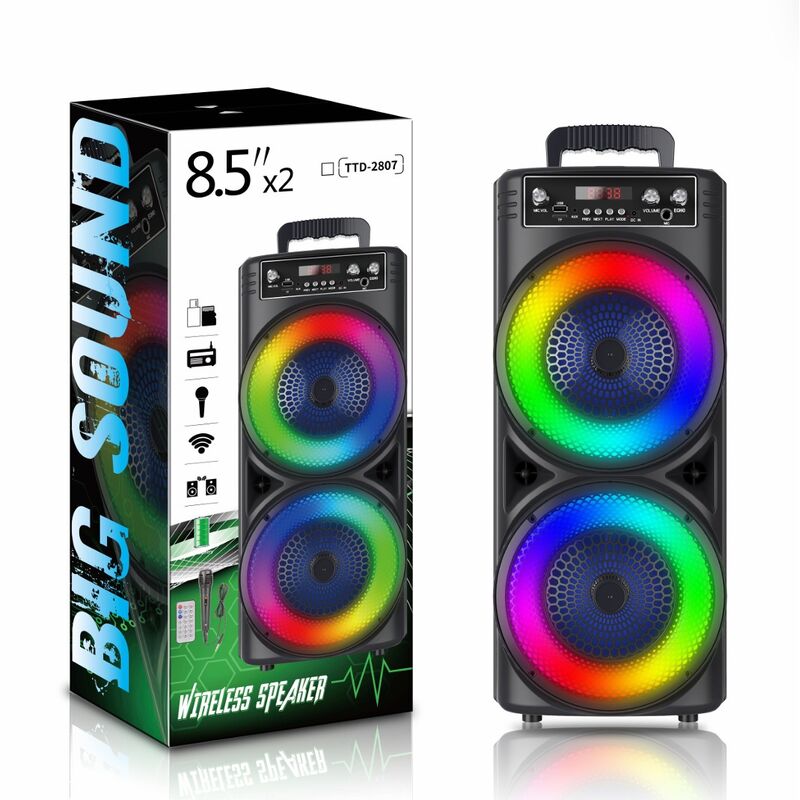 Bluetooth-колонка TTD-2807 для караоке, два динамика 8", бегущая подсветка, усиленный бас, пульт ДУ