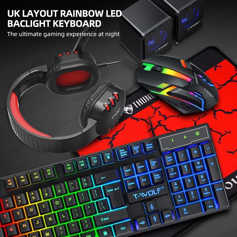Игровой набор 5 в 1 Thunderwolf TF850: клавиатура, мышь, наушники, колонки, коврик, подсветка, русская раскладка