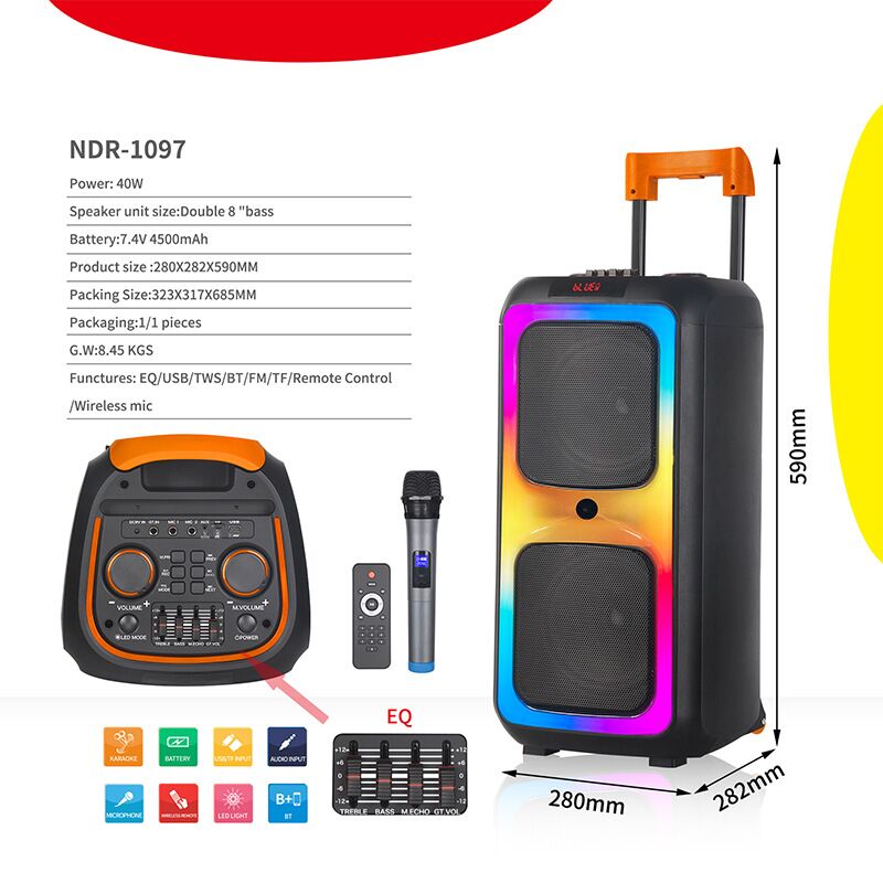 Колонка на колёсах LONGLIAN NDR-1097, 2 динамика 8″, беспроводной микрофон, LED-подсветка, пульт