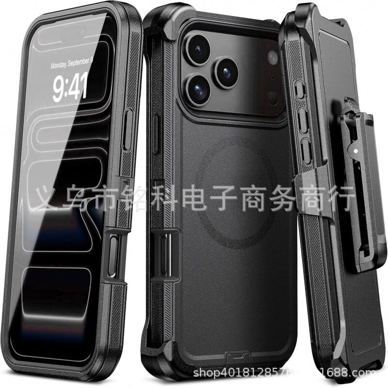 Противоударный чехол 3 в 1 для iPhone 17 Pro Max, магнитный, с клипсой-кобурой на ремень и подставкой